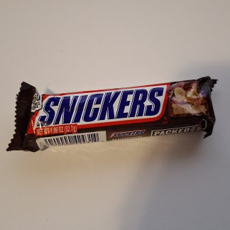 "Single Snickers Milk Chocolate Candy Bar with peanuts, caramel, nougat, and milk chocolate coating"